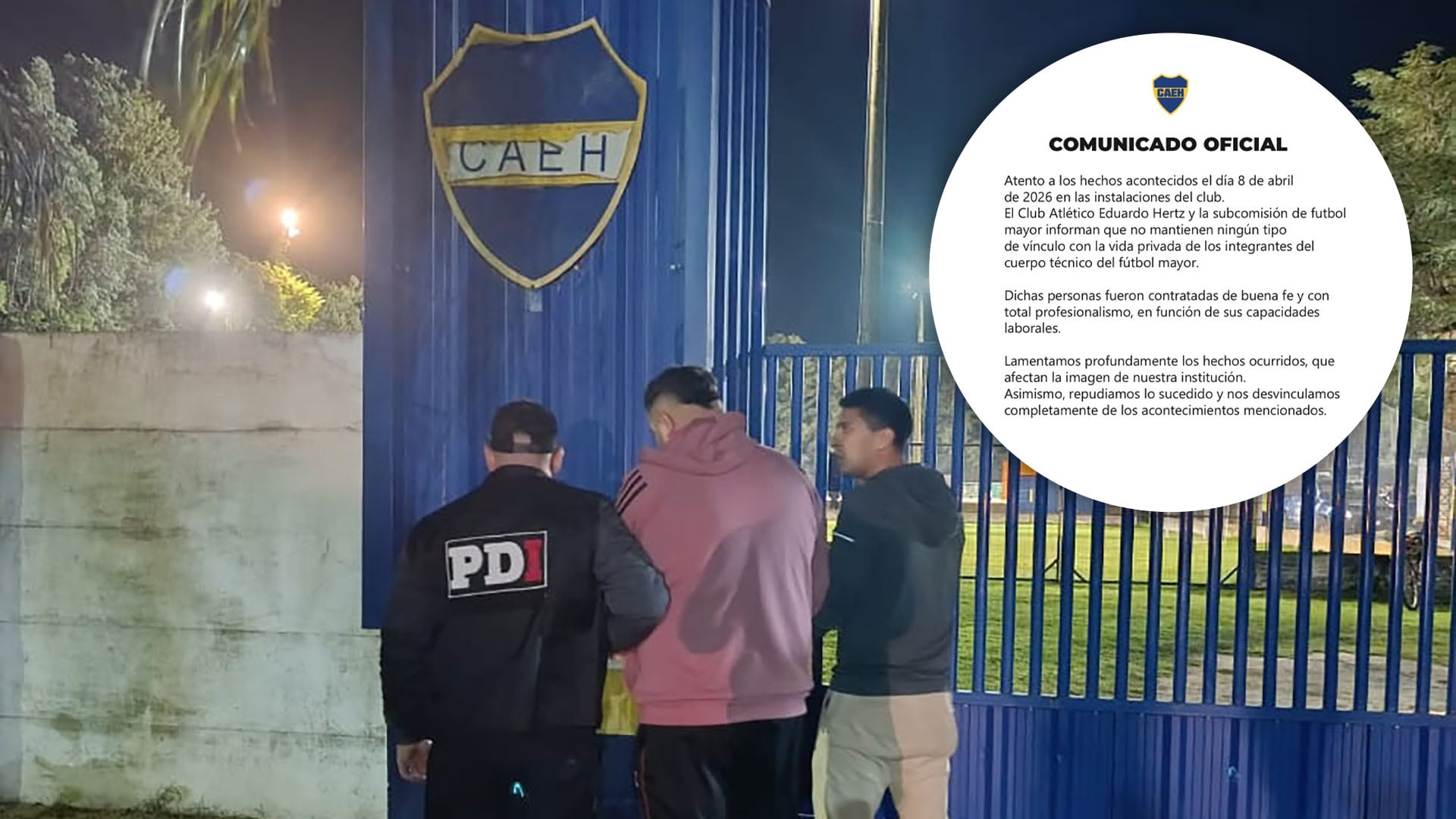 El Club Atlético Eduardo Hertz emitió un comunicado oficial desvinculándose de “El Gordo” Axel, el narco que se ocultaba como preparador físico, frente a la entrada de sus instalaciones en Rosario.