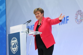 International Monetary Fund (IMF) Managing Director Kristalina Georgieva delivers remarks on the global economy ahead of the IMF/World Bank Spring Meetings, at the IMF headquarters in Washington, D.C., U.S., April 17, 2025. REUTERS/Leah Millis