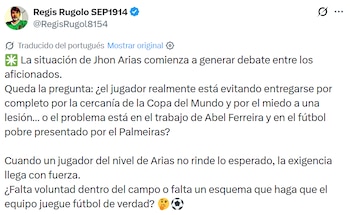 Un ejemplo de lo que comenta el mundo Palmeiras: Jhon Arias se está cuidando para la Copa del Mundo - crédito @RegisRugol8154/X