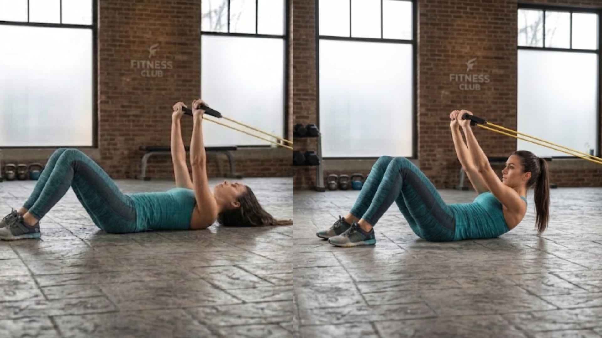 El cuarto de crunch con banda elástica activa la musculatura del tronco con una contracción parcial y controlada, sin elevar por completo el torso.