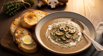 Primer plano de un plato de sopa de hongos cremosa con champiñones, nata y cebollino, junto a rebanadas de pan tostado con mantequilla.