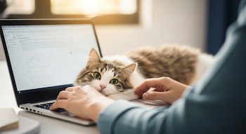 Persona con camiseta azul teclea en un portátil plateado con la pantalla encendida, con un gato atigrado blanco y marrón claro descansando en el teclado.