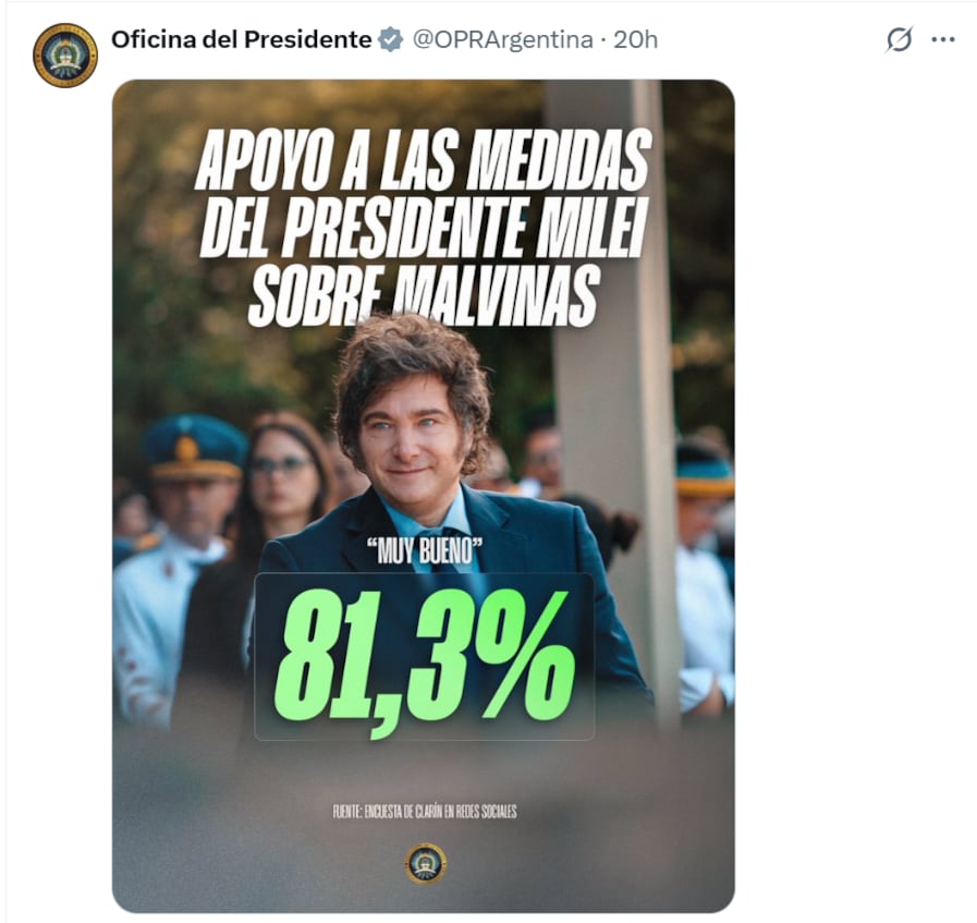 La publicación que compartió la Oficina del Presidente en torno a la recepción de la cadena nacional por tema Malvinas