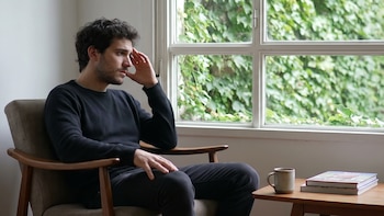 Hombre joven sentado en un sillón de madera y tela, con suéter oscuro, mano en la sien, mirando por un ventanal con hiedra. Mesa con libros y taza.