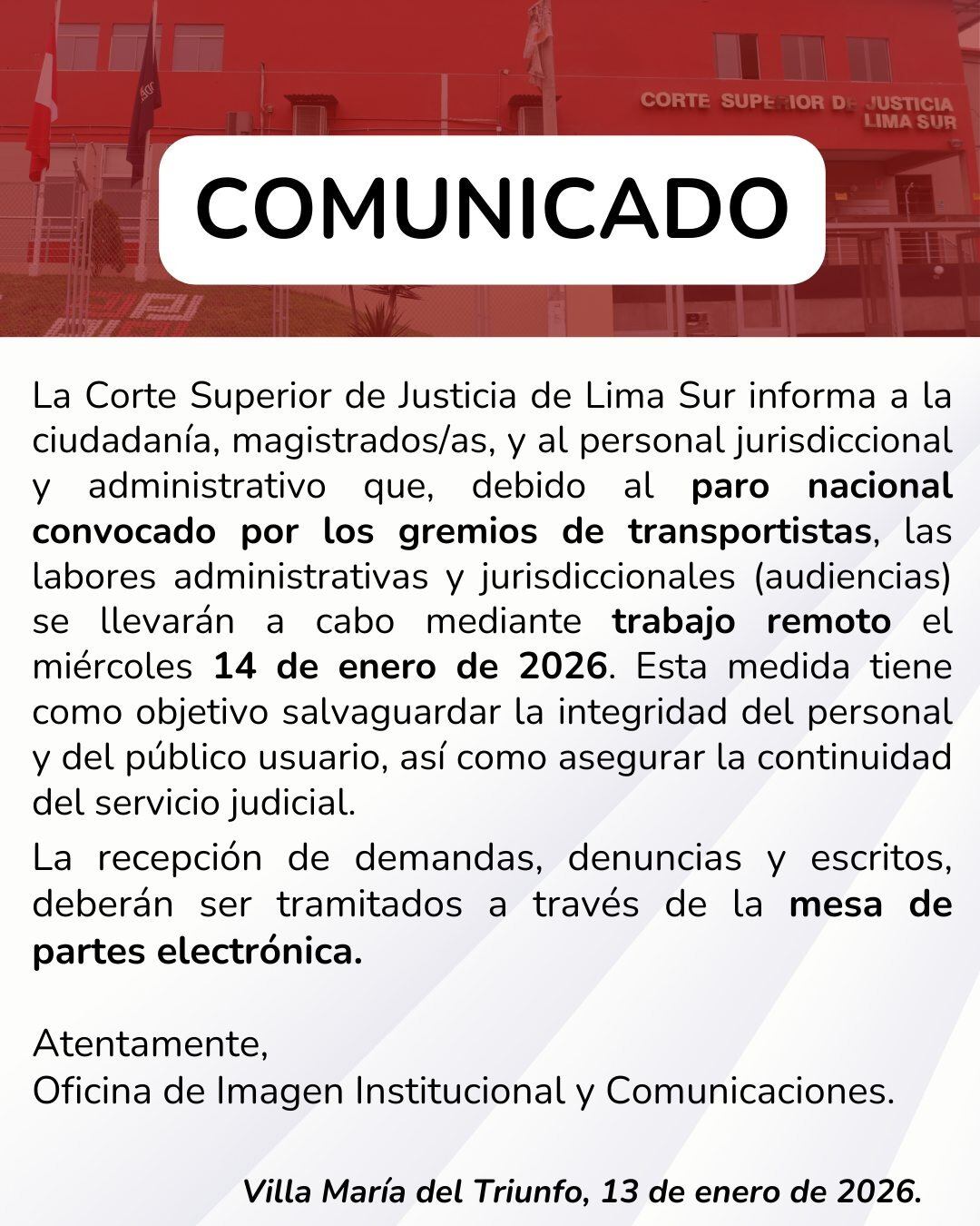 Comunicado de la Corte Superior de Justicia de Lima Sur