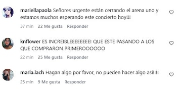 Captura de pantalla de tres comentarios en redes sociales de usuarios que reclaman por el cierre del recinto y la atención en un concierto