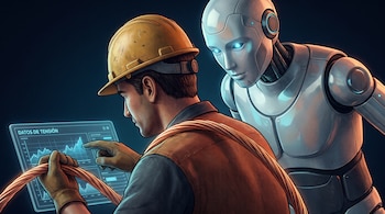 Un hombre con casco amarillo sostiene un cable de cobre frente a una pantalla digital con un robot androide de color blanco detrás de él.
