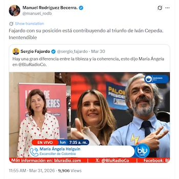 Manuel Rodríguez Becerra argumenta que la permanencia de Fajardo favorece electoralmente a Iván Cepeda - crédito @manuel_rodb/X