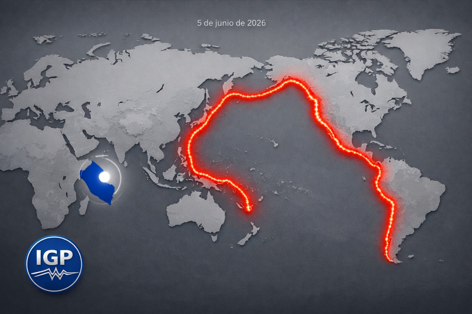 Una infografía editorial muestra el mapamundi con el Cinturón de Fuego del Pacífico resaltado en rojo, la ubicación de Perú en azul y el logo del IGP, indicando su relevancia geodinámica global para el 5 de junio de 2026. (Imagen Ilustrativa Infobae)
