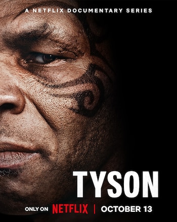 Primer plano del rostro de Mike Tyson con su tatuaje facial y el texto promocional de una serie documental de Netflix