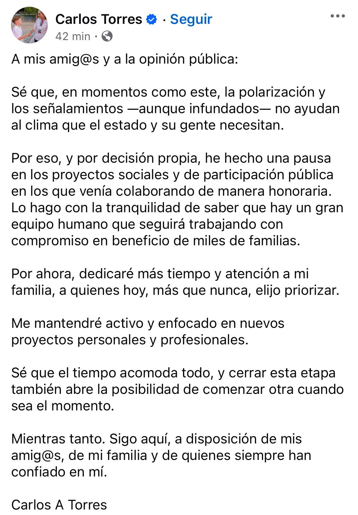Mensaje en Facebook de Carlos Torres, esposo de la gobernadora Marina del Pilar. (Captura de pantalla)