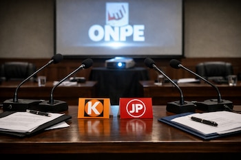Una sala de audiencias con una mesa de madera oscura, micrófonos, carpetas con documentos, bolígrafos y dos tarjetas identificatorias de partidos políticos; un proyector muestra el logo de ONPE.