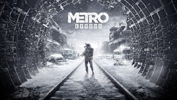 Hombre con máscara de gas y rifle camina sobre vías de tren. Alrededor hay edificios destruidos, vehículos, nieve y el título Metro Exodus
