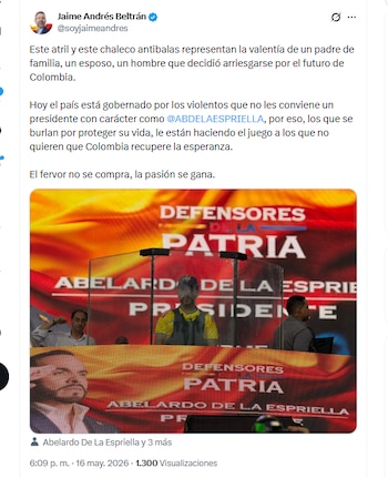 El gerente nacional de regiones de la campaña de De la Espriella, Jaime Andrés Beltrán, defendió las medidas de seguridad que ha tomado para impulsar su candidatura - crédito @soyjaimeandres/X