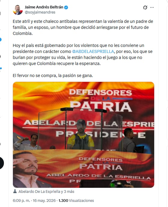 El gerente nacional de regiones de la campaña de De la Espriella, Jaime Andrés Beltrán, defendió las medidas de seguridad que ha tomado para impulsar su candidatura - crédito @soyjaimeandres/X