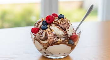 Helado de yogur y chocolate en un cuenco de cristal, decorado con frambuesas, arándanos y nueces picadas. Una cuchara plateada está insertada en el postre.