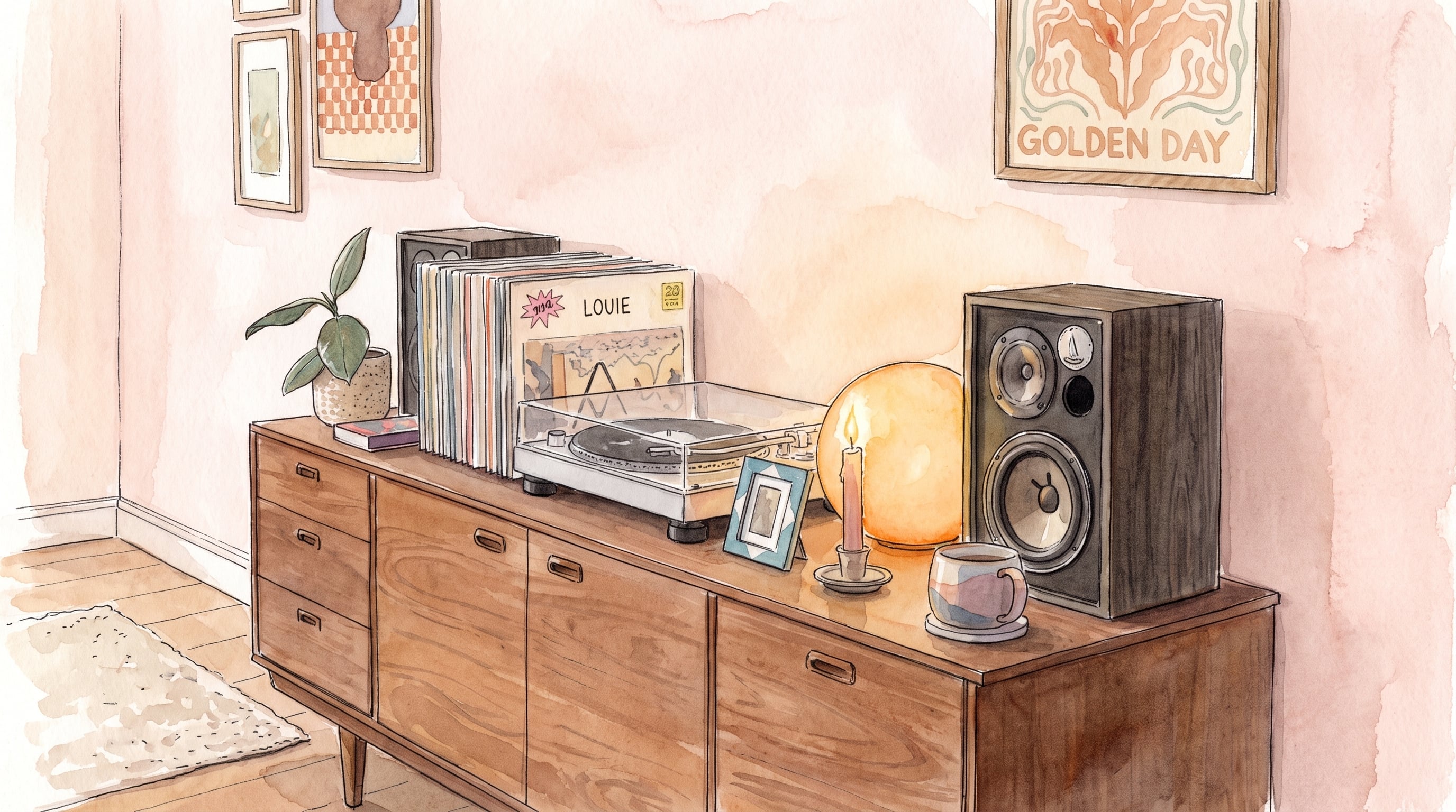 Una ilustración acuarelada muestra un tocadiscos, altavoces, discos de vinilo y objetos decorativos sobre un mueble de madera, creando un ambiente musical en una sala de estar. (Imagen Ilustrativa Infobae)