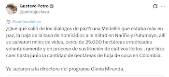 El exmandatario también destacó la erradicación voluntaria y los procesos de sustitución de cerca de 25.000 hectáreas de cultivos - crédito @petrogustavo/X