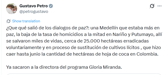 El exmandatario también destacó la erradicación voluntaria y los procesos de sustitución de cerca de 25.000 hectáreas de cultivos - crédito @petrogustavo/X