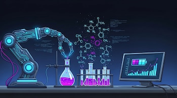 Brazo robótico azul con circuitos interactuando con equipo de laboratorio: matraz, probetas con líquido morado, fórmulas químicas flotantes y un monitor con gráficos.