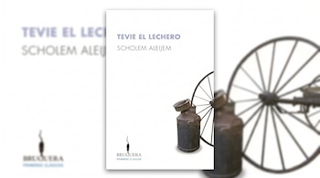 Portada de libro blanco con el título Tevie el lechero, el autor Scholem Aleijem, un cántaro de leche metálico y una rueda de madera.