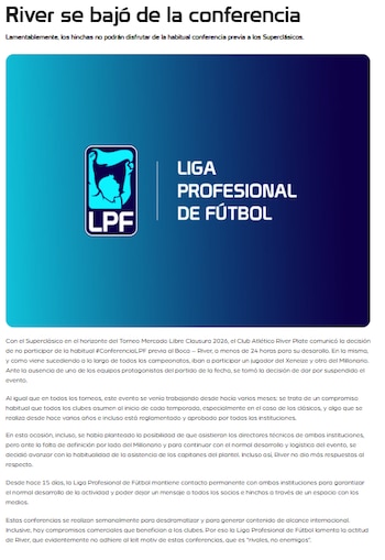 El comunicado de la Liga Profesional sobre la suspensión de la conferencia