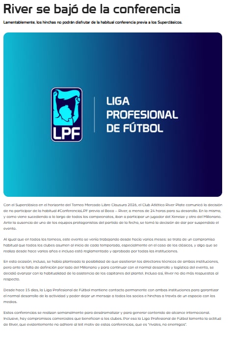 El comunicado de la Liga Profesional sobre la suspensión de la conferencia