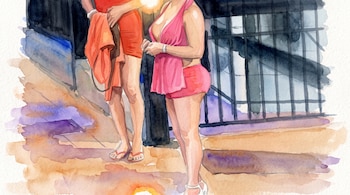 Ilustración en acuarela de dos mujeres vestidas de naranja y rosa de pie en unos escalones frente a una verja metálica oscura.