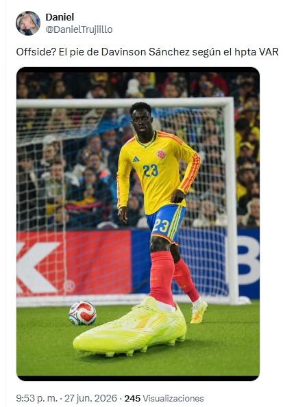 El asistente invalidó la jugada y el VAR confirmó el fuera de juego en el cierre de Colombia ante Portugal - crédito @DanielTrujiillo/X