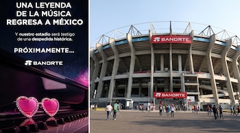 Composición gráfica con texto promocional, logo Banorte, piano y gafas de sol en forma de corazón. Se observa el exterior de un gran estadio y personas.
