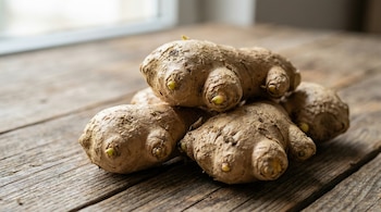 Primer plano de varias raíces de jengibre enteras con piel rugosa y pequeños brotes verdes, apiladas sobre una mesa de madera con vetas visibles.