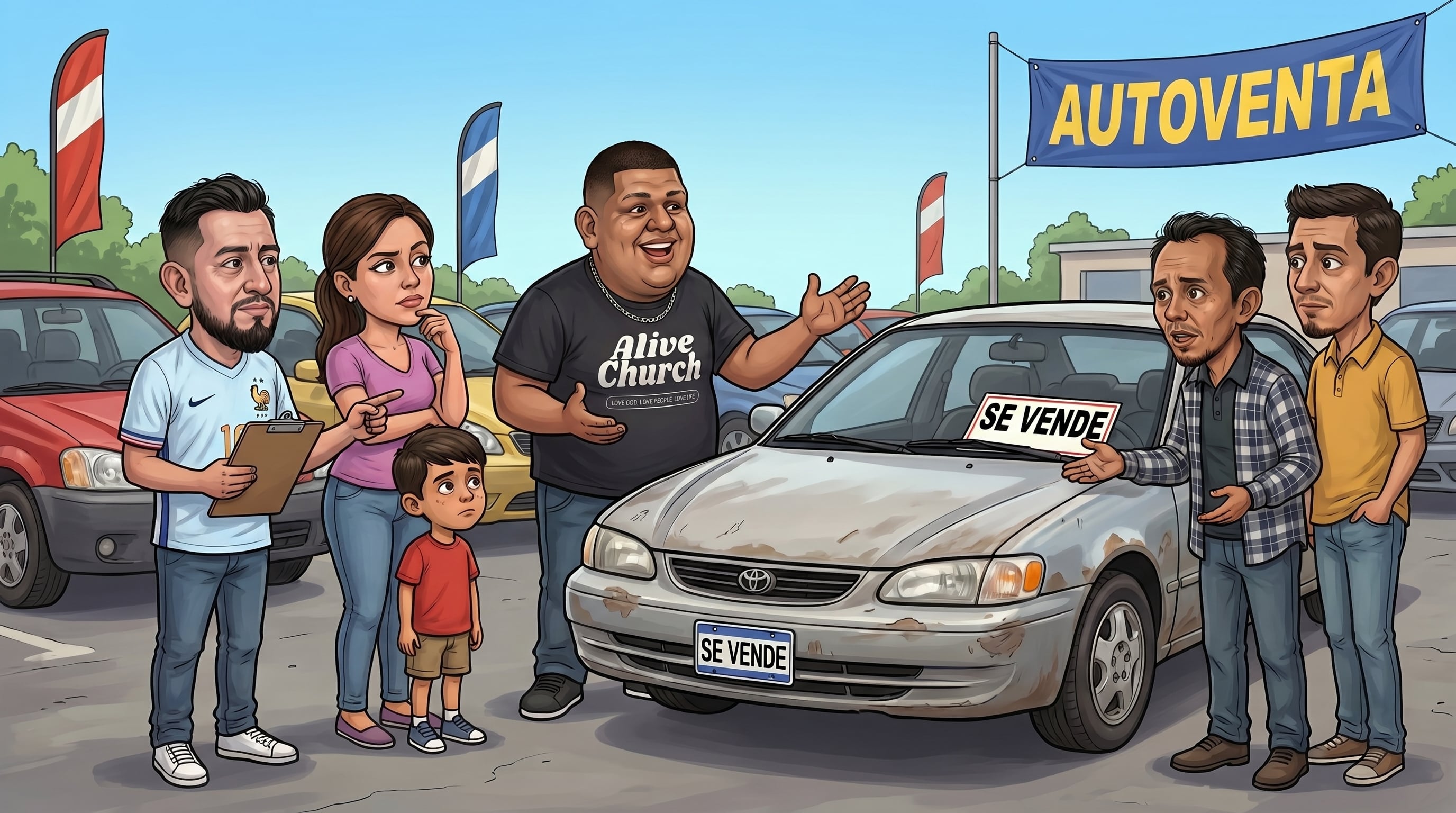 La imagen ilustra la interacción en una autoventa de vehículos, donde una familia y otros individuos examinan un automóvil usado ofrecido por un vendedor con un cartel de 'Se Vende'. (Imagen Ilustrativa Infobae)