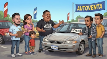Vendedor muestra coche gris con carteles 'Se Vende' a familia (hombre, mujer, niño) en autoventa. Dos hombres más observan. Vehículos y banderas de fondo.