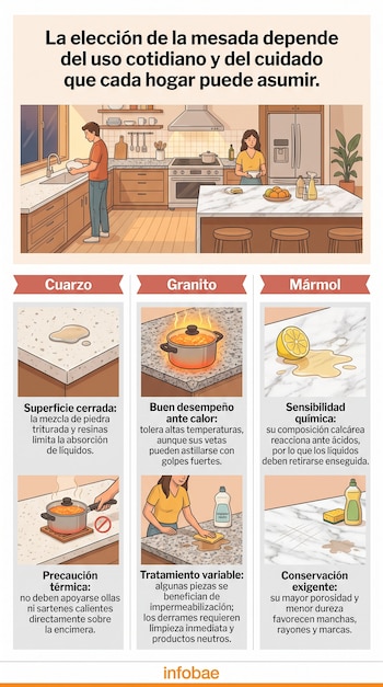 Infografía con una escena de cocina en la parte superior y tres columnas que explican el cuidado del cuarzo, el granito y el mármol con gráficos.
