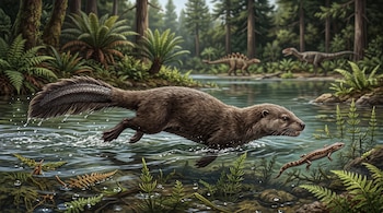 Ilustración de un mamífero de cola ancha nadando en el agua tras una salamandra, con plantas acuáticas y dinosaurios al fondo.
