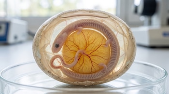 Un huevo en una placa de Petri transparente contiene un embrión enrollado alrededor de una yema amarilla con vasos sanguíneos visibles.