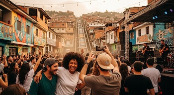 Multitud de personas animadas en un concierto al aire libre en la Comuna 13 de Medellín, con edificios coloridos, un escenario y escaleras mecánicas al fondo.