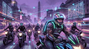 Un grupo de motociclistas con cascos y vestimenta iluminados avanza por una calle de ciudad. Varias pantallas digitales muestran mapas y líneas luminosas sobre edificios.