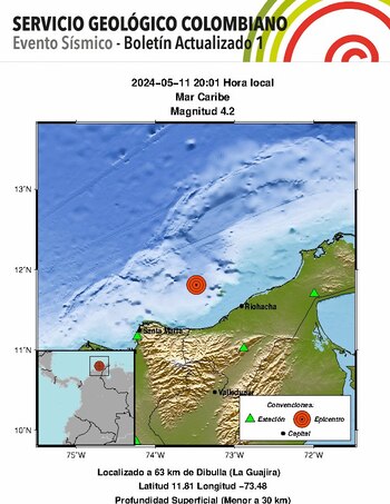 Evento sísmico de 4.2 de magnitud con una latitud de 11.81 y una longitud de -73.48 - crédito Servicio Geológico Colombiano