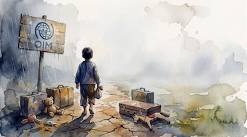 Ilustración acuarela de un niño de espaldas caminando en un camino de tierra con maletas, un oso de peluche, un caballo de juguete y un letrero de la OIM bajo la lluvia.