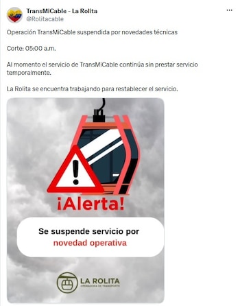 Miles de usuarios de TransMiCable en el sur de Bogotá se encontraron sin servicio en la madrugada del viernes 3 de junio de 2026, debido a una suspensión temporal del sistema de cable aéreo - crédito @Rolitacable/X