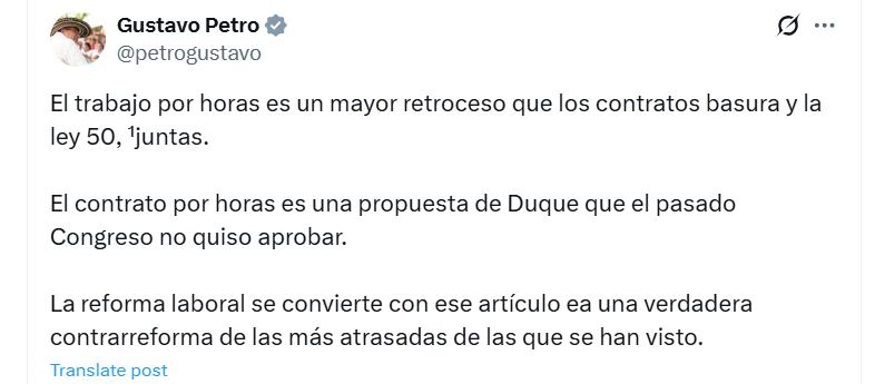 El presidente señaló que la reforma avalada en la Comisión Cuarta del Senado es de las más atrasadas que se han visto en el país - crédito @petrogustavo/X