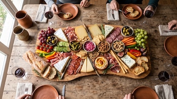 Vista cenital de una tabla con quesos, fiambres, panes, verduras y frutos secos rodeada por platos y copas de vino.