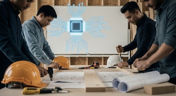 Cuatro trabajadores desenfocados en un taller de Florida, con cascos y herramientas sobre planos de madera. Al fondo, una pizarra con un chip digital azul que representa IA.