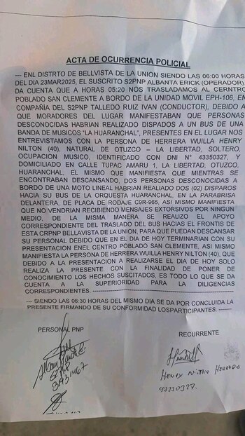 Banda ‘La Huaranchal’ sufrió ataque: