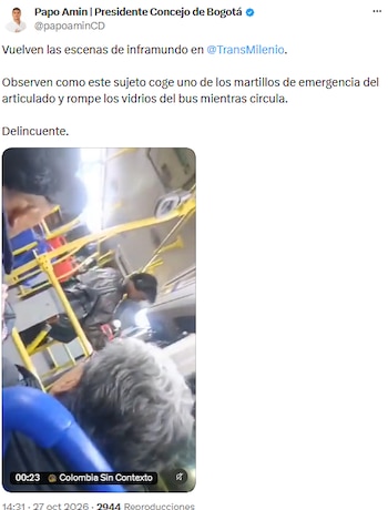Papo Amin denunció un acto de vandalismo dentro de un bus de Transmilenio - crédito @papoaminCD/X
