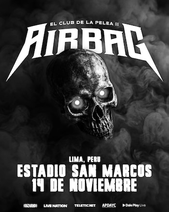 Póster de concierto en blanco y negro con el logo de Airbag, un cráneo de ojos brillantes y la información del evento en Lima, Perú