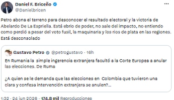 Daniel Briceño acusó a Gustavo Petro de preparar el desconocimiento de la victoria de De la Espriella - crédito @Danielbricen/X