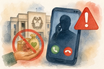Ilustración de un teléfono móvil con una silueta de llamada, un signo de alerta y una mano sosteniendo objetos bajo un símbolo de prohibición.