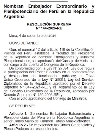 Documento oficial impreso de la Resolución Suprema número 144-2026-RE sobre el nombramiento del embajador del Perú en Argentina